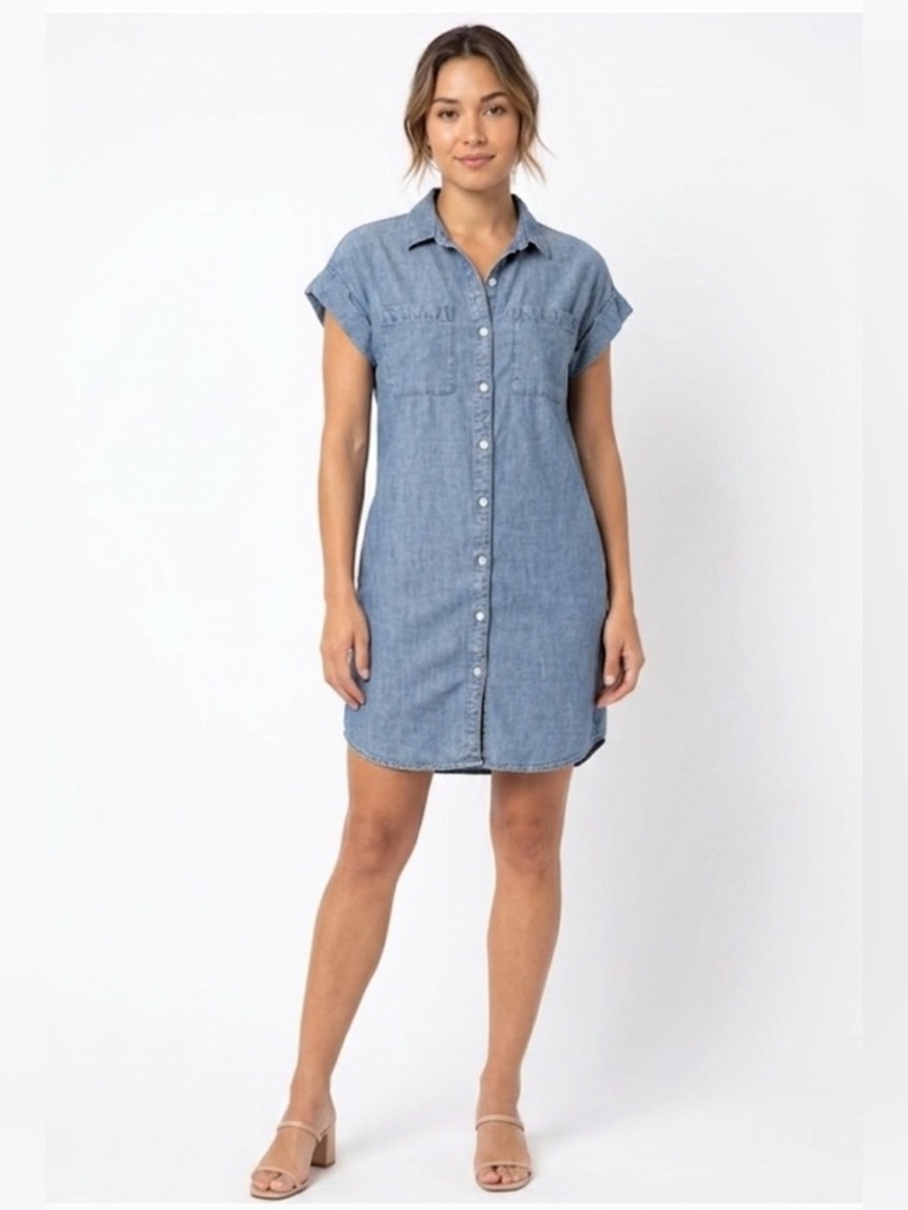 Velvet Heart 100%Cotton Denim Button Up Shirt Dress Pockets Rolled Shortsleeve